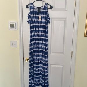 Design History maxi dress in blue and white rye dye with cut out shoulders